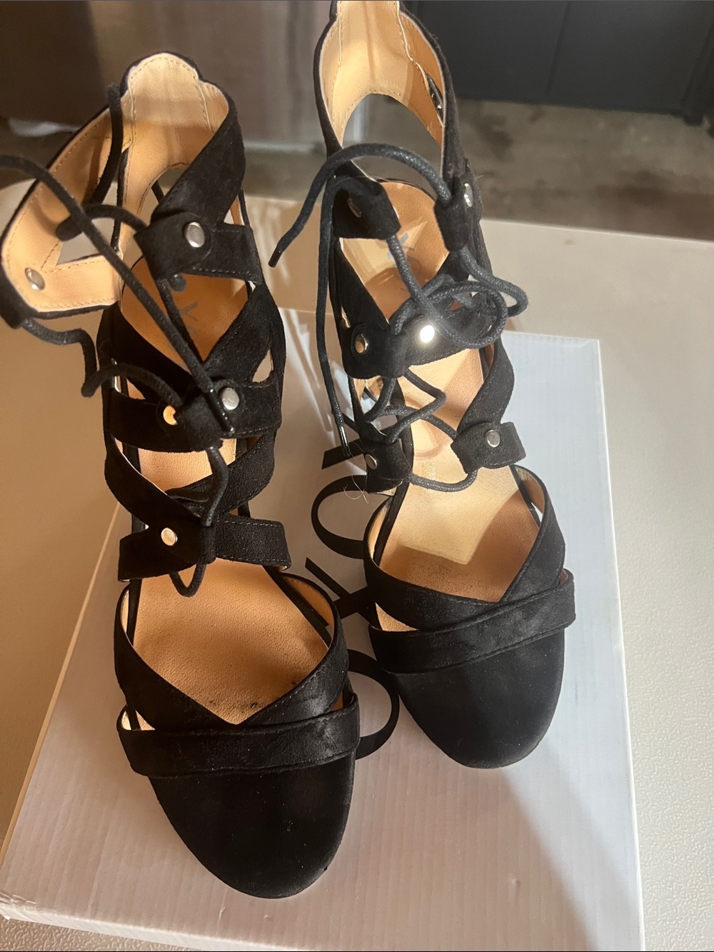XOXO Black Lace-Up Suede Heeled Sandals
